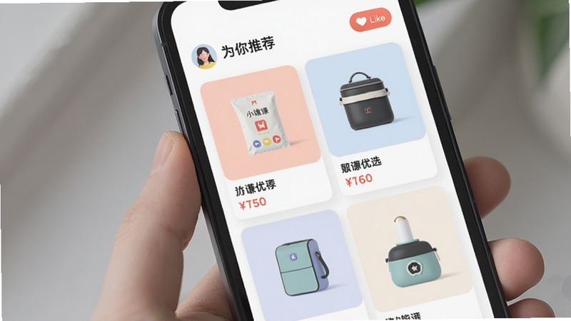 主体:手机屏幕展示“小谦优选”推荐页面,瀑布流布局展示多个商品卡片,每个卡片有商品图和价格标签,风格现代扁平,色彩柔和,顶部有“为你推荐”标题,细节包括用户头像和点赞按钮,画质清晰,无多余元素