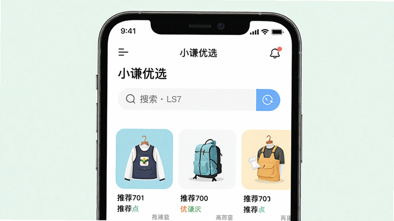 主体:智能手机屏幕展示“小谦优选”应用主界面,中心位置有搜索框和推荐商品卡片,布局清晰,排版现代,风格为清新简约的扁平插画,细节包括应用顶部“小谦优选”字样和商品图片,画质高清,干净无多余元素
