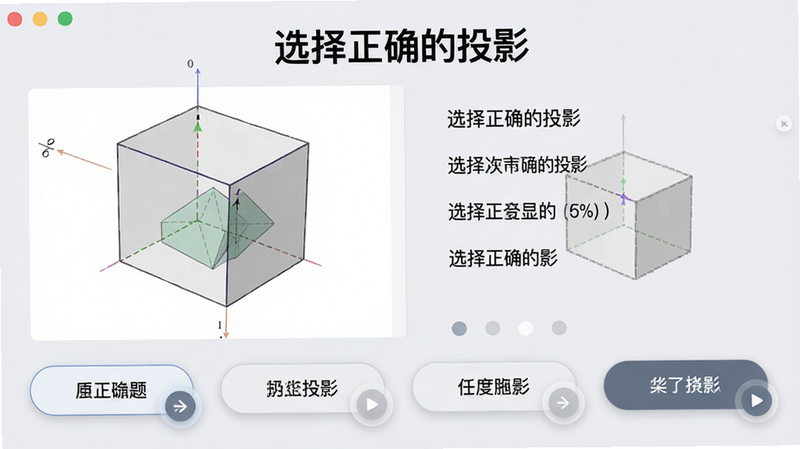 主体:一道空间推理题,屏幕上方显示一个三维图形及其投影,下方有四个选项按钮,布局:左右分栏,左侧为题目图形,右侧为选项,排版:紧凑整齐,风格:简约学习风,细节:按钮有微动效,背景浅灰,画质:高清,文字“选择正确的投影”用黑色,干净无多余元素