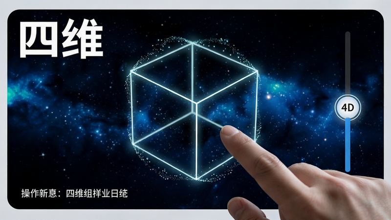 主体:用户手指滑动屏幕,一个四维超立方体模型在旋转,布局:右侧有维度滑块“4D”高亮,左下角显示操作提示,排版:模型占屏幕中央,背景为深空星云,风格:科技教育风,细节:模型线条发光,边缘有粒子拖尾,画质:高清,文字“四维”用白色字体,干净无多余元素