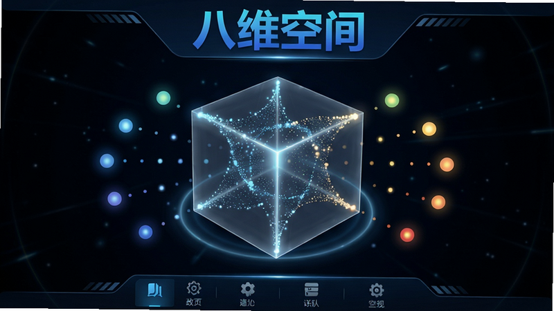 主体:八维空间应用主界面,中央展示一个半透明的八维立方体结构,周围环绕着从一维到八维的渐变光点,布局:界面顶部有“八维空间”标题,底部为功能导航栏,排版:居中对称,带有科技感光晕,风格:科幻教育风,细节:立方体内部有发光的粒子流动,画质:4K超清,干净无多余元素,文字“八维空间”使用蓝色渐变字体