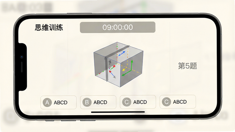 主体:手机横屏显示“思维训练”答题界面,一道三维投影选择题,布局:顶部为倒计时条,中部为图形,底部为四个选项,排版:左右等宽,风格:清爽学习风,细节:选项带有ABCD字母,背景米白,画质:高清,文字“第5题”用灰色,干净无多余元素