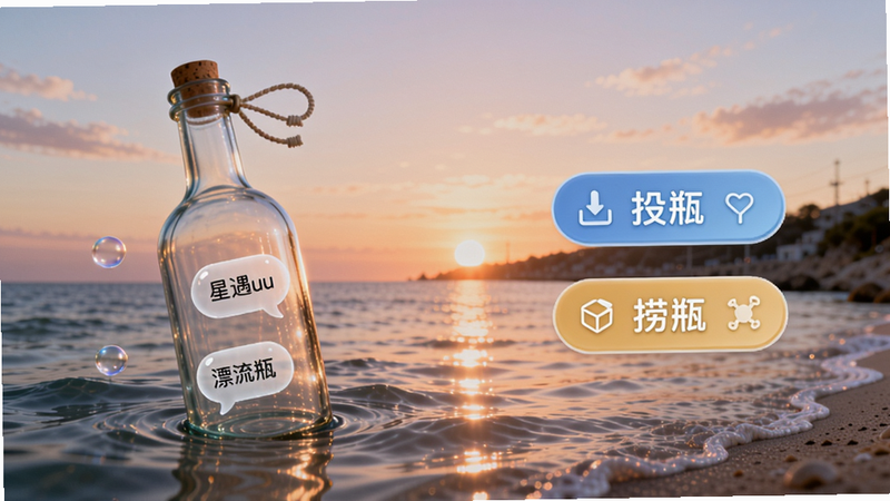 星遇uu漂流瓶功能界面,左侧为海面漂浮的玻璃瓶,瓶内显示文字气泡,右侧有“投瓶”和“捞瓶”按钮,背景是夕阳下的海岸线,色彩柔和,画质清晰,无杂乱元素