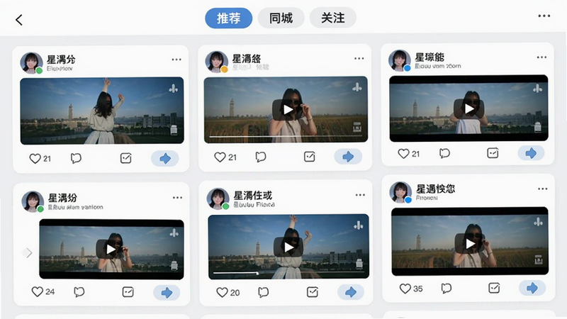 星遇uu动态广场界面,采用瀑布流布局展示多条动态卡片,每张卡片包含用户头像、昵称、图片或视频缩略图,底部有互动按钮,顶部标签栏显示“推荐”、“同城”、“关注”,整体风格清新,画质高清