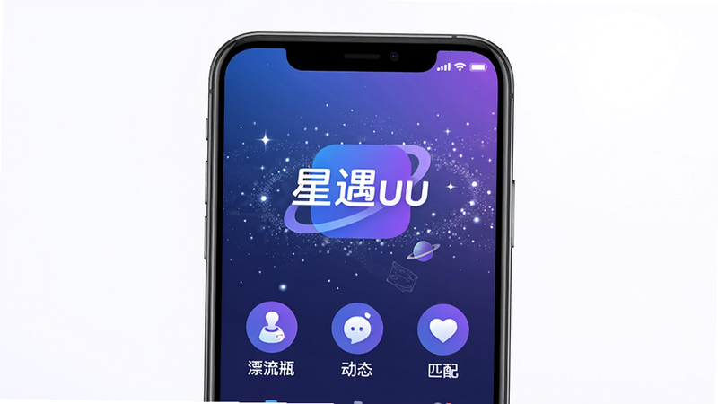 星遇uu软件整体界面展示,主色调为蓝紫渐变,中央显示“星遇uu”logo,下方排列“漂流瓶”、“动态”、“匹配”三大功能图标,背景为星空粒子效果,画面干净,高清画质,无多余元素