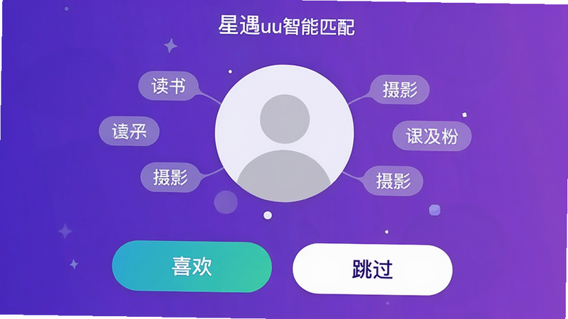 星遇uu智能匹配页面,中央显示圆形头像占位符,周围环绕兴趣标签如“读书”、“摄影”,下方有两个大按钮“喜欢”和“跳过”,背景为渐变紫色,文字清晰,界面简洁