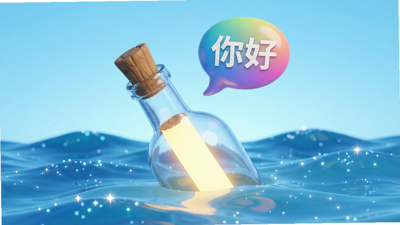 主体:一个发光的漂流瓶漂浮在蓝色海面上,瓶口飘出文字气泡,气泡内写着“你好”。布局:瓶子居中,海面波浪起伏。排版:气泡有渐变颜色,字体清晰。风格:3D卡通渲染。细节:瓶塞木纹、海浪闪耀光点。画质:超高清,无多余元素