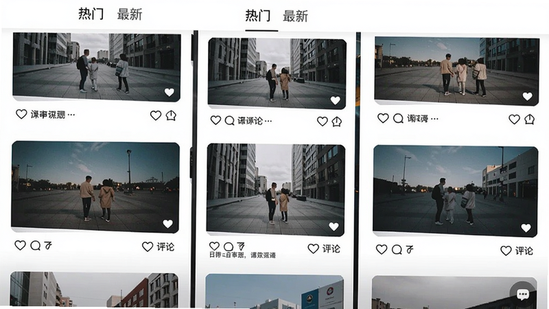 主体:动态广场界面,瀑布流布局展示用户发布的照片和文字,顶部有标签分类“热门”、“最新”。布局:纵向滚动,卡片宽度统一。排版:文字简短,图片比例为1:1。风格:Instagram式极简。细节:每张图片右下角有爱心和评论数。画质:细腻,无多余元素