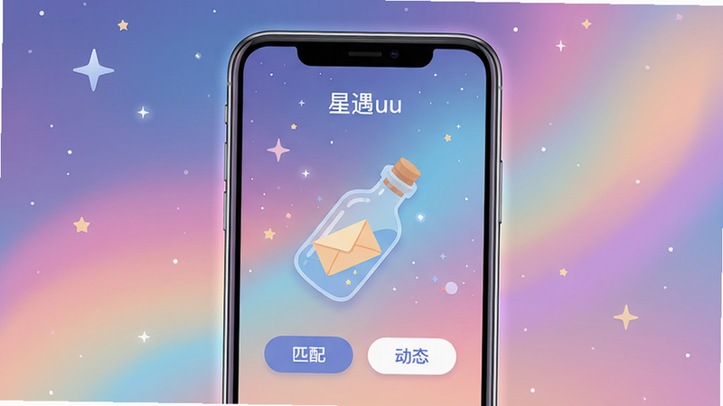 主体:手机屏幕显示星遇uu主界面,背景为渐变色星空,界面中央有一个“漂流瓶”图标,旁边有“匹配”、“动态”按钮。布局:居中构图,简洁干净。排版:UI元素排列整齐,文字标签“星遇uu”在顶部。风格:扁平化插画风格,色彩柔和梦幻。细节:漂流瓶内有一张信封,手机边缘有光影效果。画质:高清,干净无多余元素