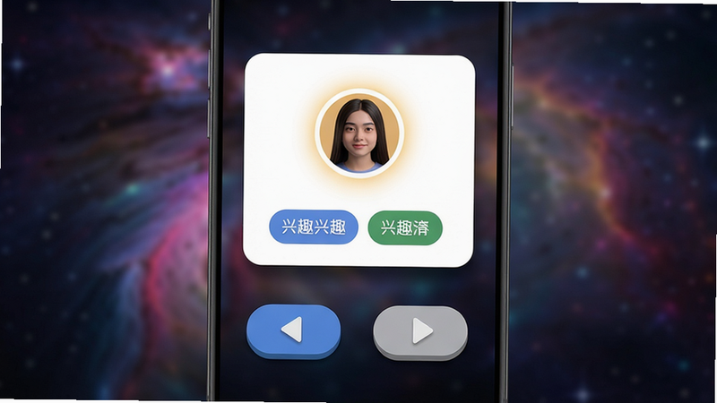主体:手机界面展示匹配卡片,卡片上人物头像和兴趣标签,下方有左滑右滑按钮。布局:卡片居中,背景为模糊星云。排版:按钮立体感强,标签圆角。风格:Material Design风格。细节:头像周围有光环,卡片有阴影。画质:4K锐利,无多余元素