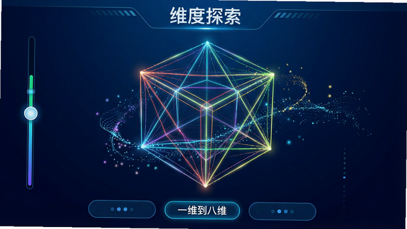 八维空间沉浸式维度探索界面:屏幕中央是一个旋转的超立方体(四维立方体),由彩色线条构成,背景是渐变深蓝,左侧有维度滑动条,底部有“一维到八维”的标签按钮,主体布局居中,风格科技感,细节包括线条发光和粒子流动,画质清晰,干净无多余元素,图片上标注文字“维度探索”。