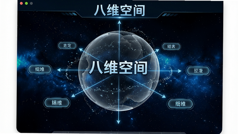 八维空间核心全貌图:应用主界面展示一个半透明的三维球体,周围环绕着多个维度切换按钮,背景是深邃星空,主体居中布局,采用科幻风格,细节包括发光的坐标轴和粒子特效,画质高清,干净无多余元素,图片上标注文字“八维空间”。