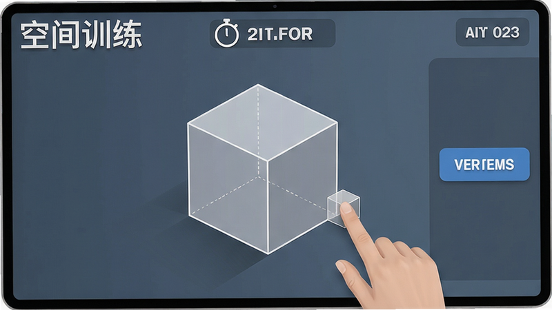 八维空间思维训练场景:屏幕展示一个三维立方体的二维投影,用户需要选择正确的透视图,界面顶部有计时器和得分,右侧有提示按钮,整体布局清晰,风格简约教育风,细节包括柔和阴影和清晰的按钮文字,画质干净,图片上标注“空间训练”。