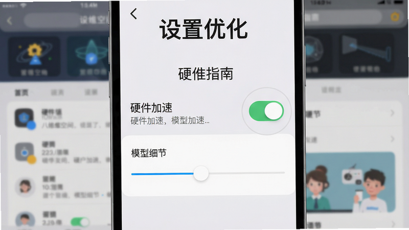 八维空间使用指南场景:手机屏幕显示设置界面,突出显示“硬件加速”开关和“模型细节”滑块,背景是应用主界面虚化,主体布局居中,采用简约扁平风格,细节包括清晰的开关按钮和文字说明,画质干净,图片上标注“设置优化”。