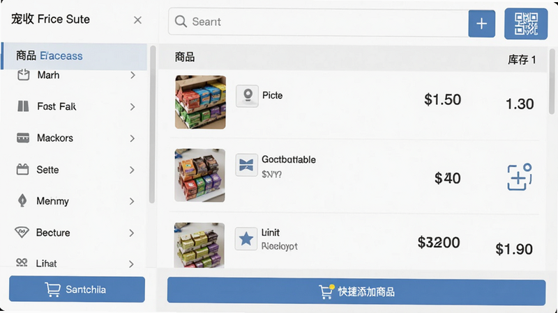 宠收银商品管理界面截图,左侧商品分类导航,右侧商品列表带缩略图、名称、售价、库存数量,顶部搜索框与扫码按钮,底部快捷添加商品入口,扁平极简风格,白底蓝灰配色,高清画质,干净整齐