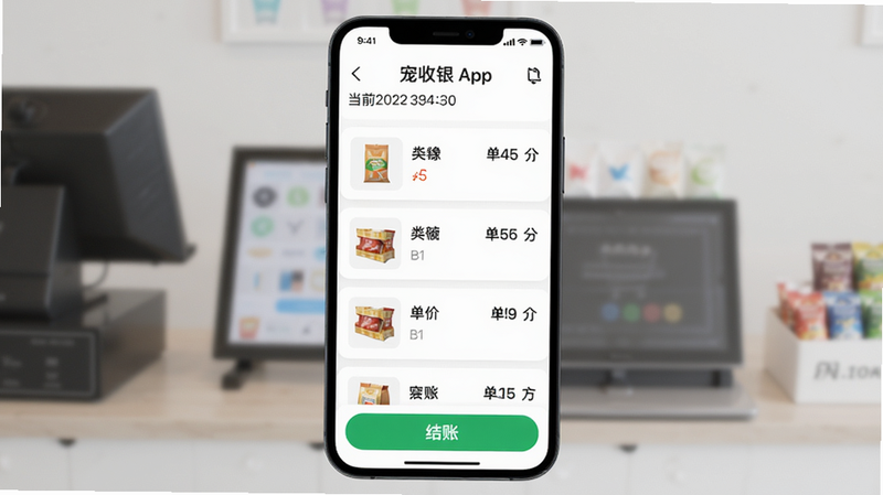 宠收银 App 主界面,手机屏幕中央,上方显示店铺名称和当前日期,中间以列表形式展示商品,每项包含商品图片、名称、单价和数量,底部固定绿色