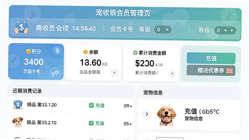 宠收银会员管理页面,顶部显示会员卡号和等级,中部展示积分、余额、累计消费金额,下方列出近期消费记录与宠物信息,右侧有