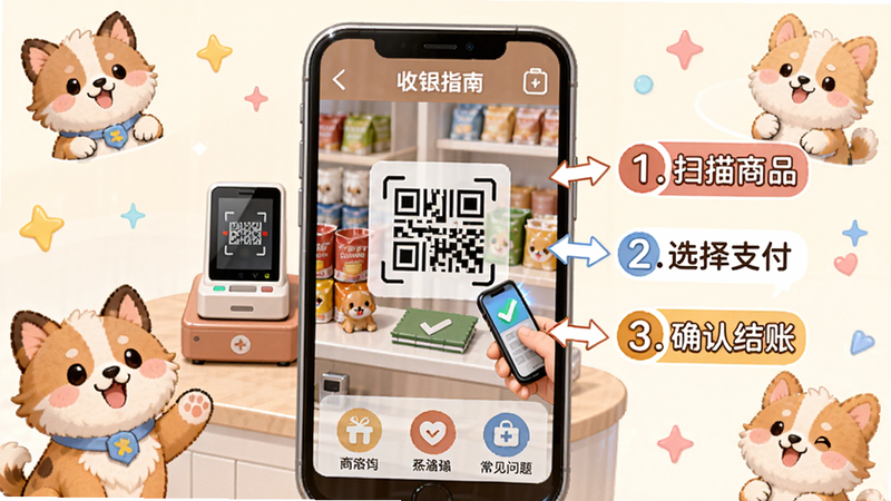 宠收银使用指南示意图,手机屏幕上显示收银台扫码界面,旁边标注