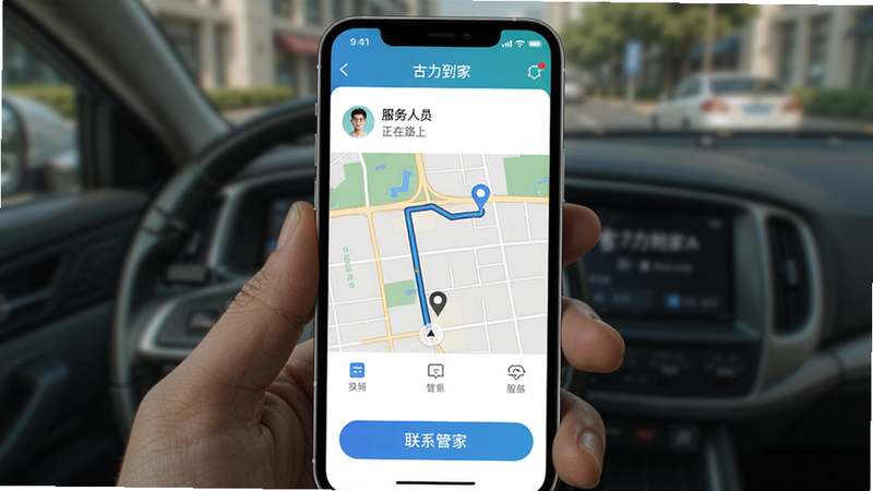 ��������APP����׷�ٽ��棬��ʾ������Ա����·�ϣ���ͼ·�ߣ��·��С���ϵ�ܼҡ���ť���ֻ�������񣬽�������