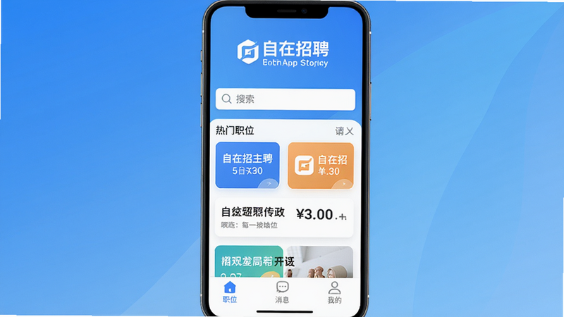 自在招聘App主界面截图,手机屏幕显示蓝色渐变背景,顶部有“自在招聘”中英文logo,中间为搜索框和热门职位卡片列表,底部导航栏包含职位、消息、我的三个图标,整体风格扁平化、干净明亮,画质高清,无多余元素