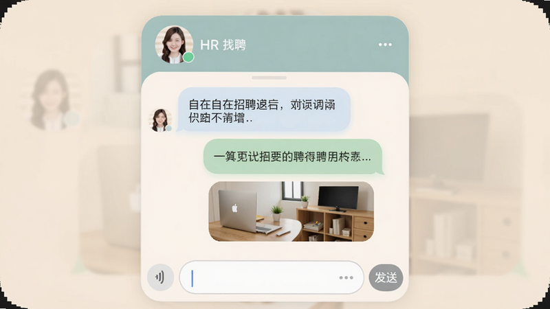 自在招聘聊天界面截图,屏幕上方显示HR头像和名称,下方为对话气泡,包含文字和图片消息,底部输入框带语音按钮和发送按钮,界面采用圆角设计,色调柔和,画质干净