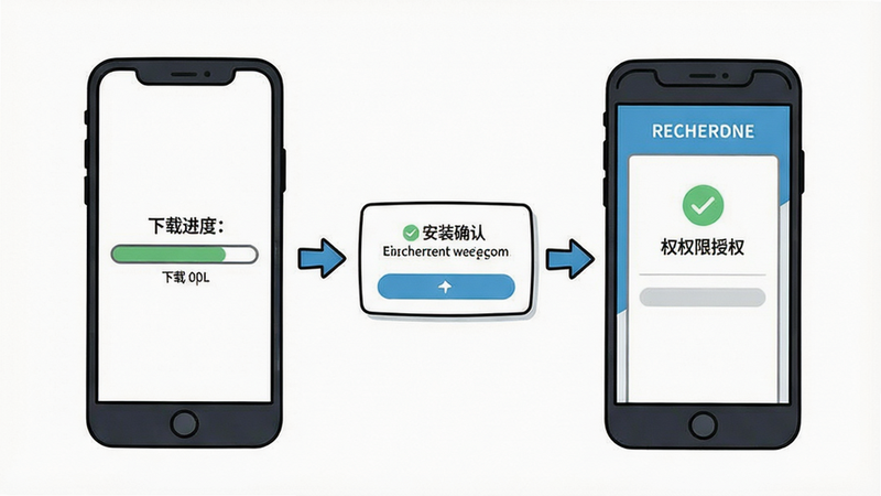 自在招聘安装教程示意图,手机屏幕上依次显示下载进度条、安装确认对话框、权限授权界面,背景为纯白色,步骤用箭头连接,卡通扁平风格,画质清晰,干净无多余元素