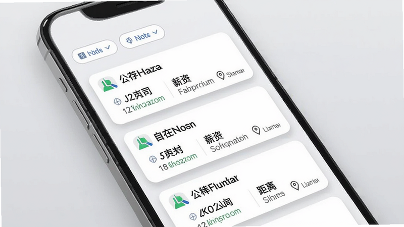自在招聘智能推荐页面,手机屏幕中显示推荐职位列表,每个卡片包含公司名、岗位、薪资、距离,顶部有筛选按钮,背景为浅灰色,卡片白色带阴影,风格现代,画质清晰