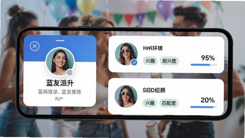 手机屏幕展示蓝友派对匹配界面,左侧是用户个人资料卡片,右侧显示匹配推荐列表,每个卡片包含头像、昵称、兴趣标签和匹配度百分比,背景模糊处理突出主体,风格现代清新,细节清晰,画质干净
