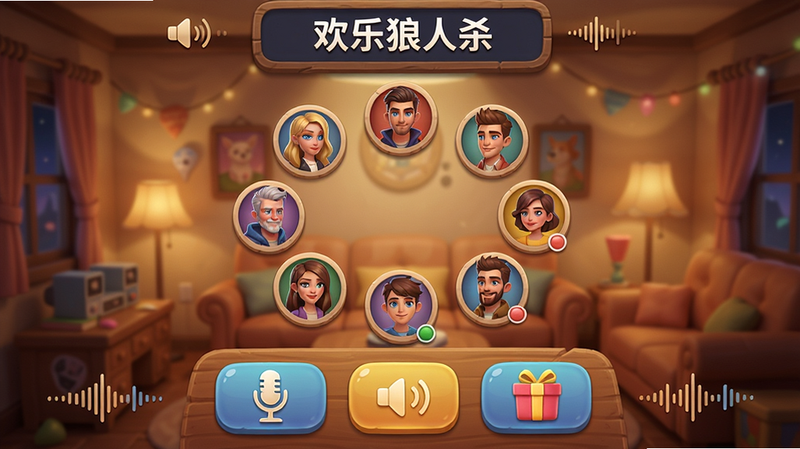蓝友派对语音房间内景,顶部显示房间名称“欢乐狼人杀”,中间是用户头像排列成圆形,底部有麦克风、变声、礼物按钮,整体色调温暖,风格拟物化,细节包括音量波动动画效果,画质高清