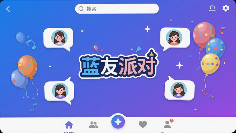 主体为蓝友派对软件的主界面截图,整体采用蓝紫色渐变背景,中央显示“蓝友派对”Logo,周围环绕用户头像气泡和派对气球装饰,布局简洁清晰,风格卡通活泼,细节包括底部导航栏图标和顶部搜索框,画质高清干净,无多余元素