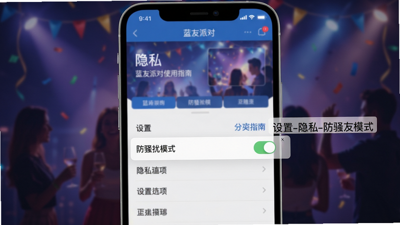 蓝友派对使用指南截图,手机界面展示设置菜单中的隐私选项,突出“防骚扰模式”开关,背景为软件主界面模糊效果,布局清晰,风格简约,文字标注“设置-隐私-防骚扰模式”,画质高清