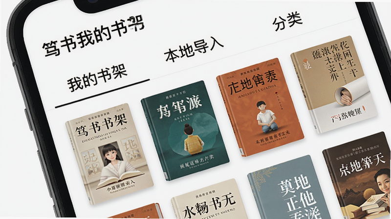 手机屏幕显示笃读书架界面的图片,多本不同封面的书籍以网格形式排列,顶部有“我的书架”、“本地导入”、“分类”标签,界面背景为白色,风格简洁,高清画质,干净无多余元素