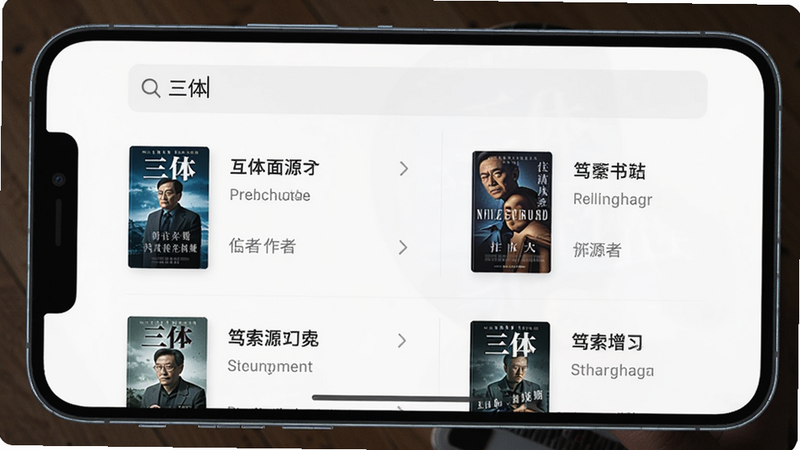 手机屏幕显示笃读书源搜索界面的图片,上方搜索框内已输入“三体”,下方列表展示多个搜索结果,每个结果包含封面缩略图、书名和作者,界面简洁,排版整齐,风格清新,高清画质,干净无多余元素