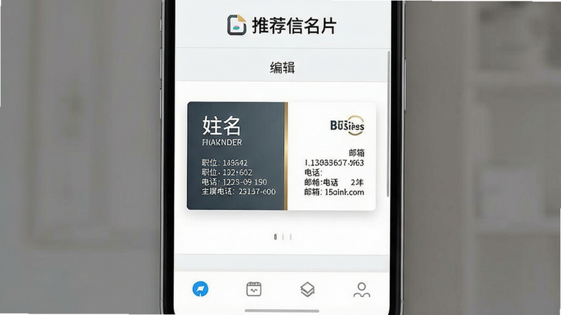 一张展示推荐信名片APP主界面的截图,布局清晰,顶部有“推荐信名片”品牌logo,中间是名片编辑区域,显示一张精美的商务名片模板,包含姓名、职位、电话、邮箱等信息,底部有工具栏。风格简约现代,画质高清,干净无多余元素。