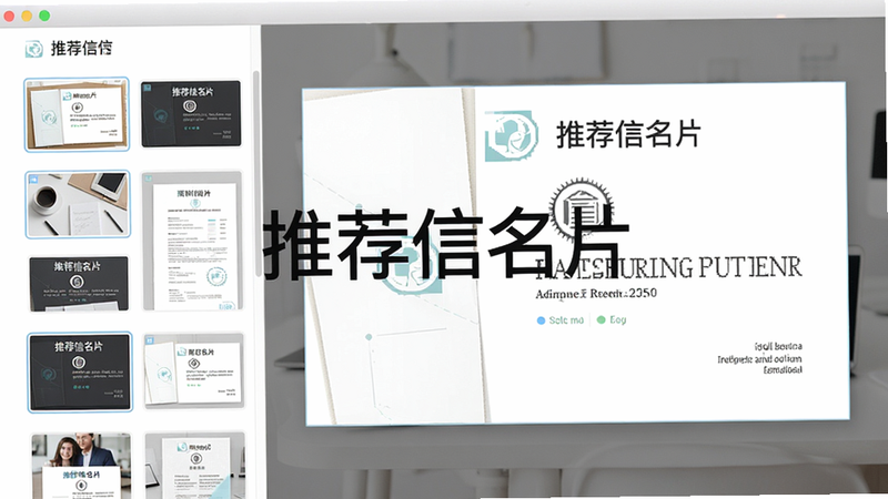 展示推荐信名片软件内模板选择页面,左侧为模板缩略图列表,右侧为预览大图,中间有“推荐信名片”水印,布局整齐,风格清新,画质清晰,干净无多余元素。
