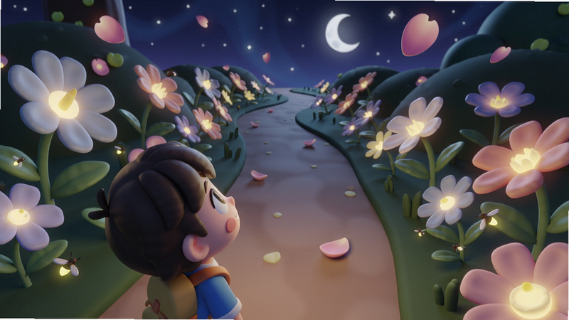 展示魔力空间-Mooly的3D虚拟花园场景,画面主体为一条蜿蜒的小径,两旁开满发光的花朵,远处有月亮和星空。角色站在小径中央,抬头仰望。布局为中心构图,角色占据画面左下三分之一。风格为梦幻卡通渲染,细节包括花瓣飘落和萤火虫光点,画质细腻,干净无多余元素。