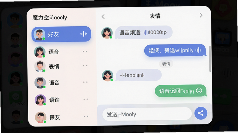 展示魔力空间-Mooly的聊天界面,左侧为好友列表,右侧为聊天窗口,窗口中有多条语音消息和文字消息,底部有输入框和发送按钮。界面采用圆角卡片设计,色彩柔和。风格为扁平化UI,细节包括头像上的在线状态绿点,画质清晰,干净无多余元素。文字标注“语音频道”和“表情”。