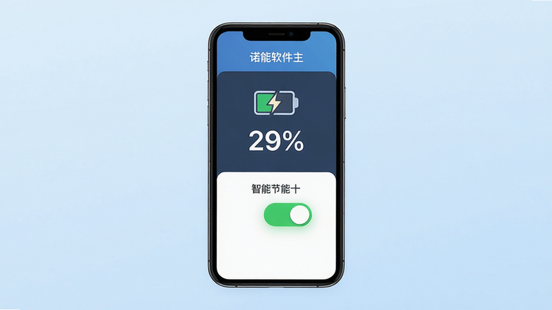 主体:诺能软件主界面预览图,布局:居中展示手机屏幕模型,屏幕内显示电量百分比和智能节能开关,排版:手机模型置于浅蓝色渐变背景正中,四周留白,风格:扁平化设计,细节:电量图标带闪电符号,开关按钮为绿色高亮,画质:4K超清,干净,无多余元素