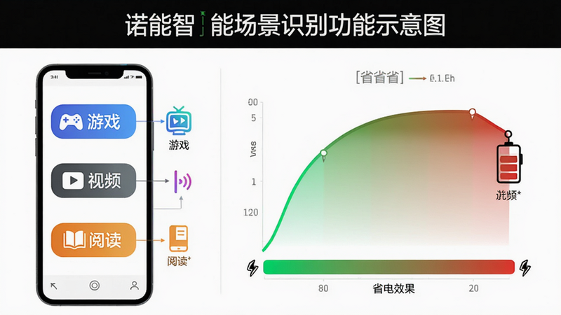 主体:诺能智能场景识别功能示意图,布局:左侧手机图标显示不同场景标签(游戏、视频、阅读),右侧对应电池消耗曲线,排版:左右分栏,白色背景,风格:信息图风格,细节:每个场景旁有彩色小图标,曲线用绿红渐变表示省电效果,画质:高清,干净,无多余元素