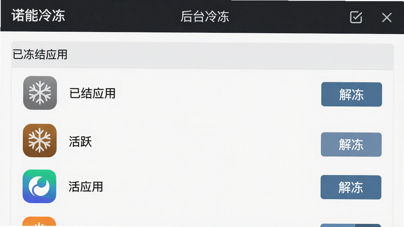 主体:诺能后台冷冻界面截图,布局:顶部标题“后台冷冻”,下方列表显示已冻结应用(灰色图标)和活跃应用(彩色图标),排版:列表式,风格:系统级UI,细节:每个应用右侧有“解冻”按钮,画质:1080p,干净,无多余元素