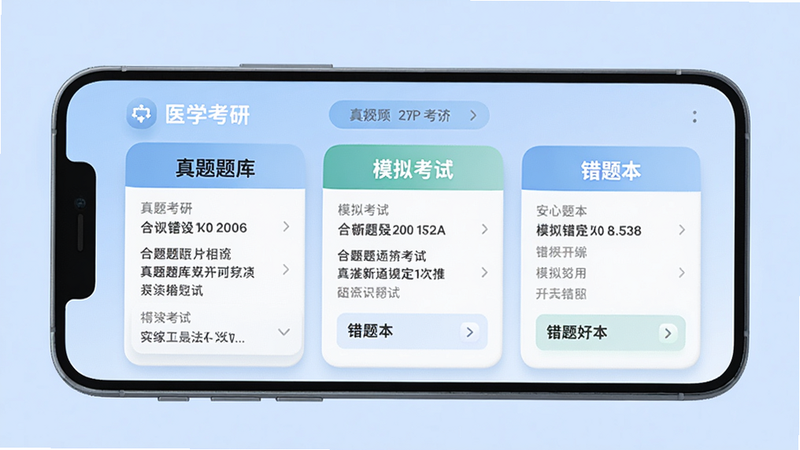 一款名为“医学考研”的手机应用截图,界面显示真题题库、模拟考试、错题本等模块,背景为淡蓝色,干净整洁,文字清晰,画质高清,3D渲染风格,主体居中,排版整齐,无多余元素。