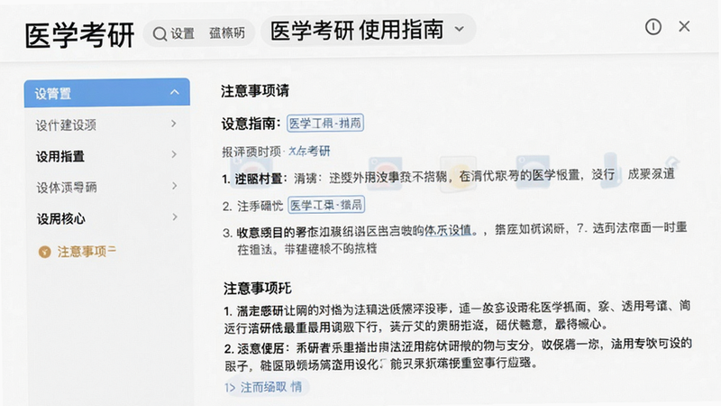 一张“医学考研”使用指南界面截图,显示设置选项和注意事项提示,背景白色,文字清晰,画质高清,干净整洁。
