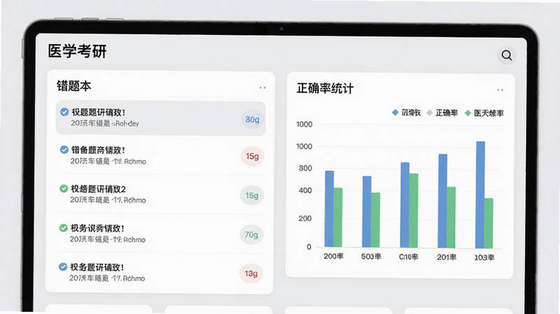 “医学考研”错题本界面,展示错题列表、正确率统计图表,背景淡灰色,卡片式布局,文字清晰,画质高清,干净整洁。