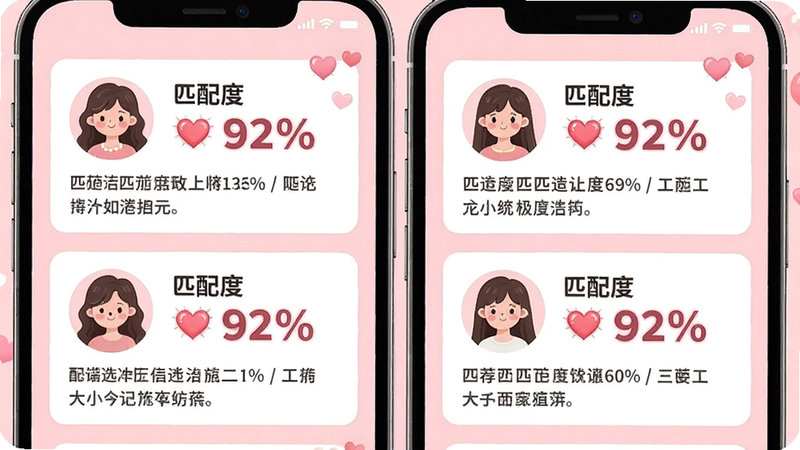 主体:手机界面展示智能匹配结果页面,几个推荐用户卡片排列,每个卡片有头像、匹配度百分比和简短介绍。布局:两列卡片,背景浅粉色。风格:清新可爱。细节:匹配度数字用爱心图标装饰。画质:高清。文字:“匹配度 92%”