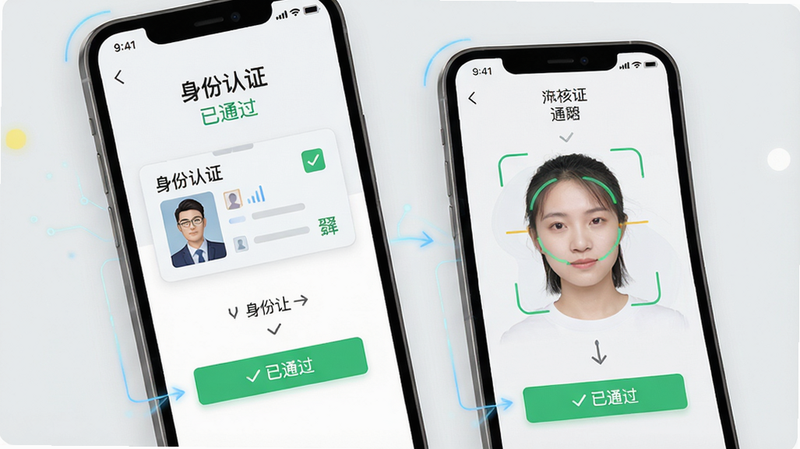 主体:手机应用界面展示实名认证流程,包括身份证上传和面部识别界面。布局:分步骤展示,背景为浅灰色。风格:科技感,简洁。细节:勾选标记表示审核通过。画质:清晰干净。文字:“身份认证”“已通过”