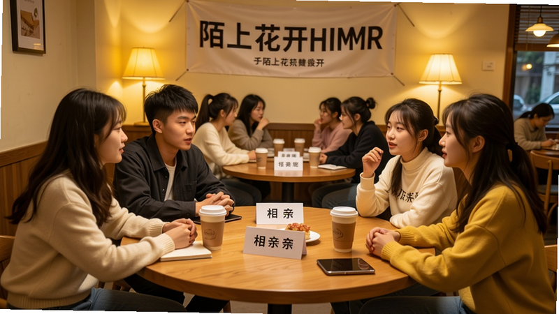 主体:一群年轻男女在温馨的咖啡馆里参加线下相亲活动,背景有“陌上花开HIMMR”横幅。布局:多人围坐圆桌,有人正在交谈。风格:真实生活感,暖黄色灯光。细节:桌上放有姓名牌和饮品。画质:清晰自然,无多余元素。