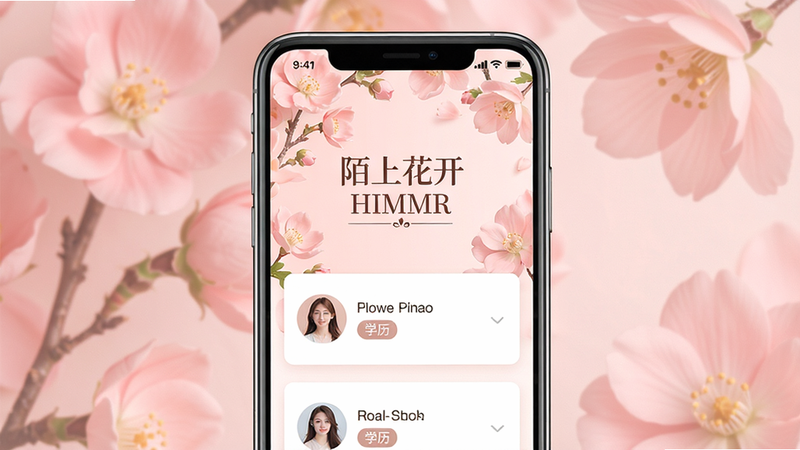 主体:手机屏幕显示陌上花开HIMMR应用主界面,背景是粉色调的浪漫花朵图案,中心有“陌上花开HIMMR”文字logo。布局:手机居中,界面清晰显示匹配推荐卡片。排版:简约大方。风格:清新唯美,暖色调。细节:卡片上显示用户头像、学历标签。画质:高清细腻,干净无多余元素。
