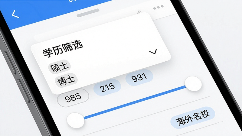 主体:手机屏幕显示筛选界面,包含学历、学校、行业等选项。布局:下拉菜单和滑块。风格:简约现代。细节:选项列表中有“985”“211”“海外名校”等标签。画质:高清。文字:“学历筛选”“硕士”“博士”