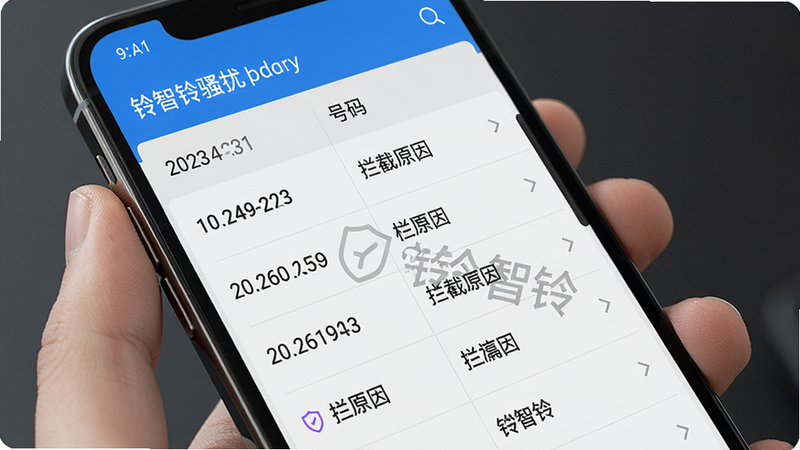 展示铃智铃骚扰拦截界面,主体为手机屏幕显示拦截记录列表,布局有日期、号码、拦截原因等列,排版整齐,风格安全防护感,细节有