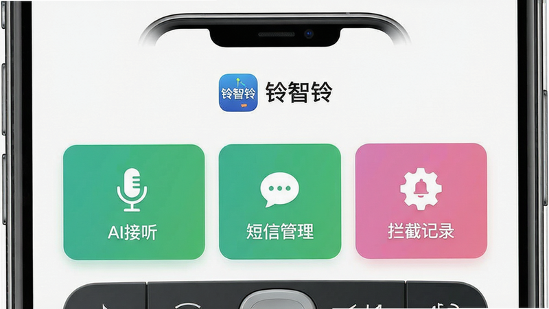 一张展示铃智铃手机应用界面预览图,主体为智能手机屏幕显示铃智铃主界面,布局上方有